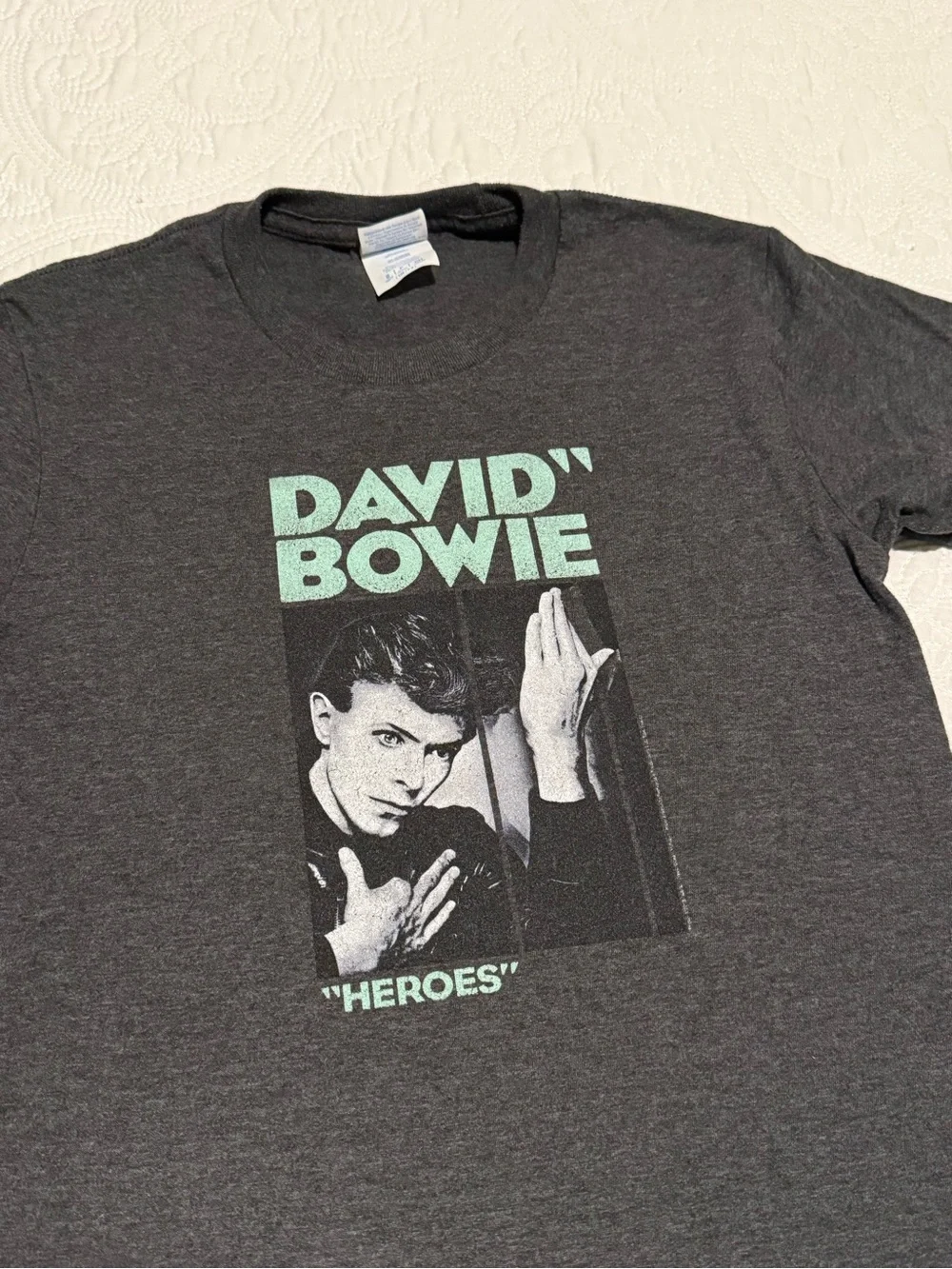 David Bowie 'Heroes' Short Sleeve Graphic Tee - Charcoal with Mint Print